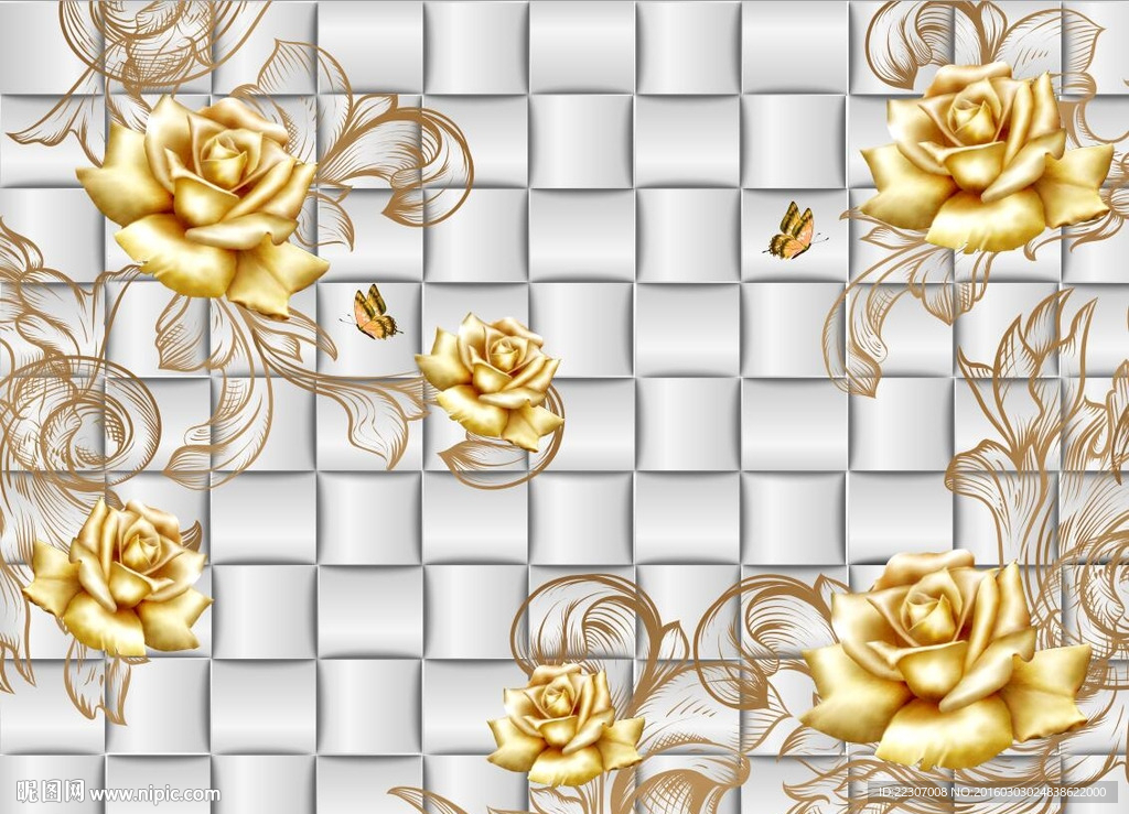 3D金色玫瑰花