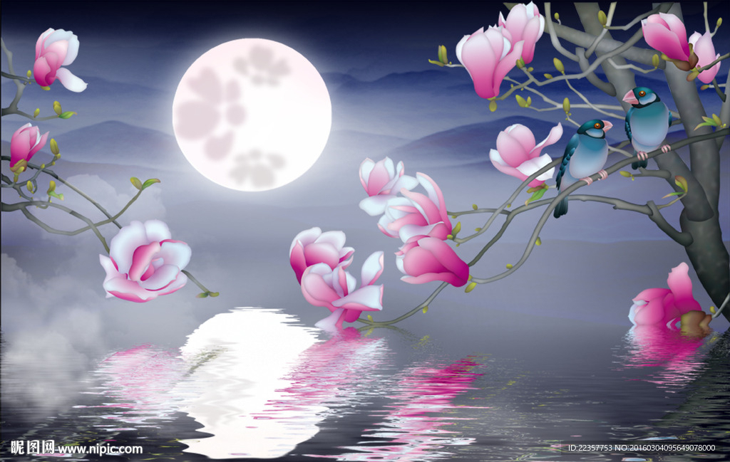 大海月亮桃花背景墙
