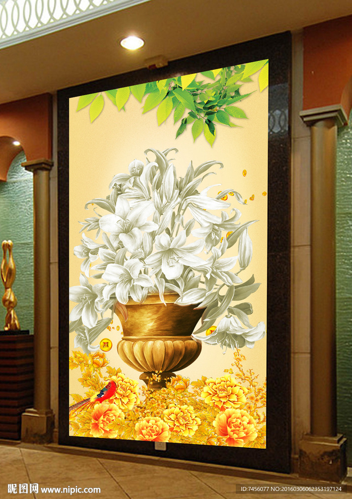 花瓶白色花瓣中式玄关平面图