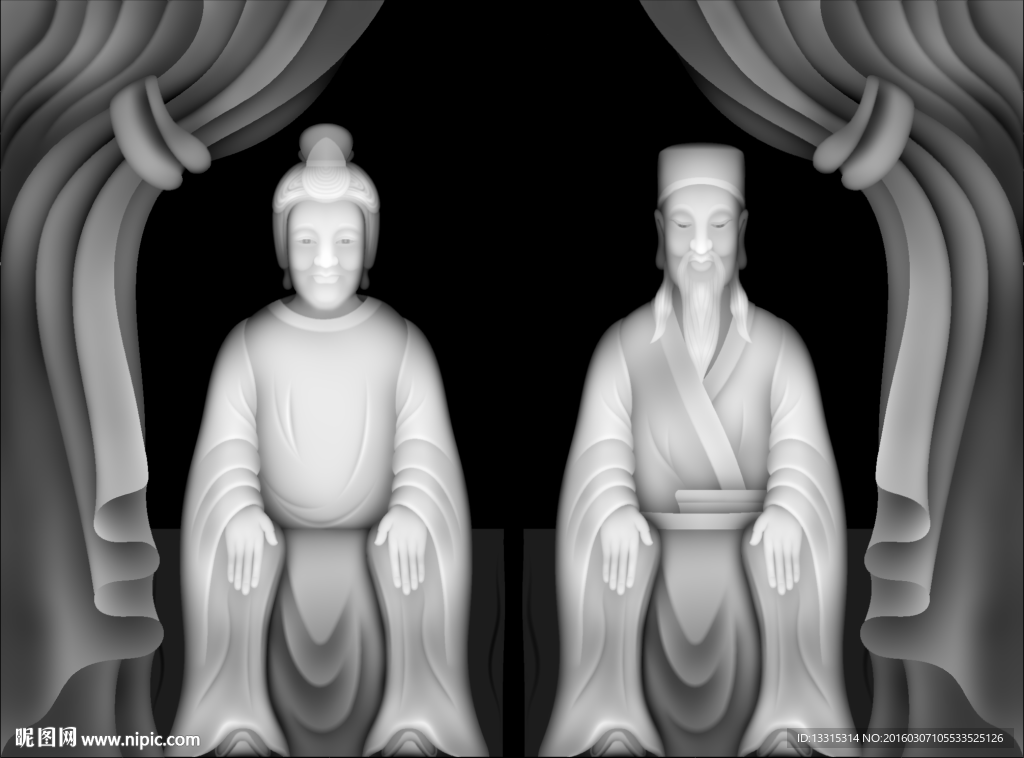 墓碑石雕土地公婆灰度图