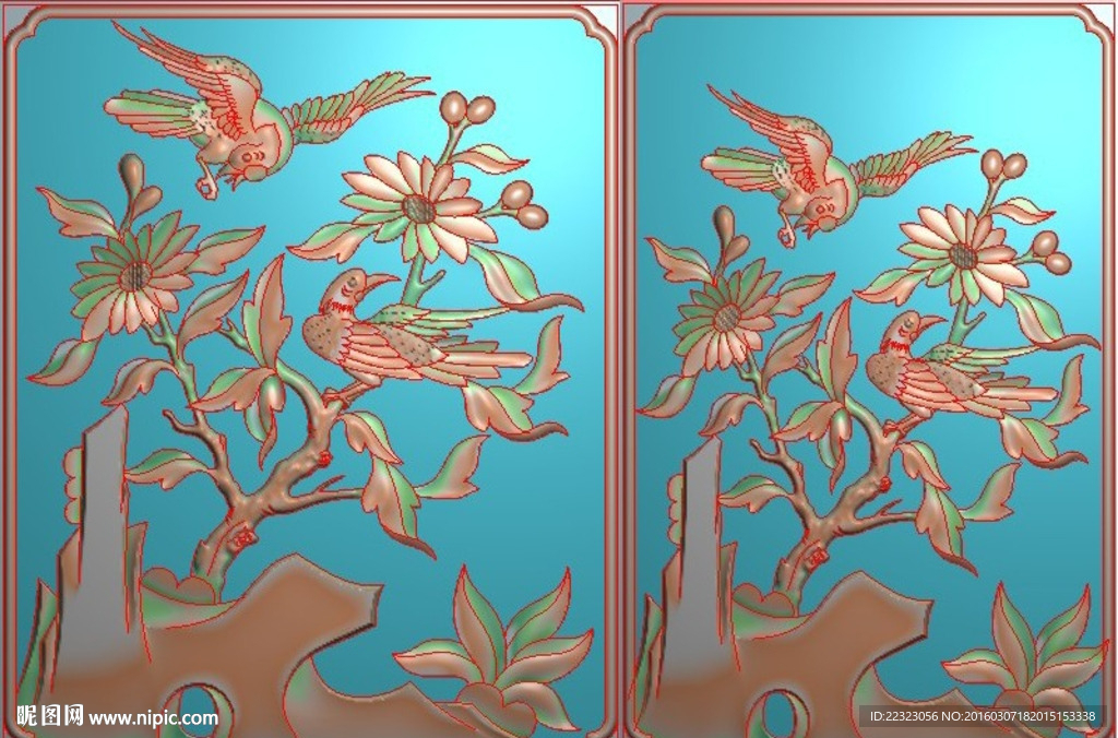 格子菊花四季花鸟精雕浮雕灰度