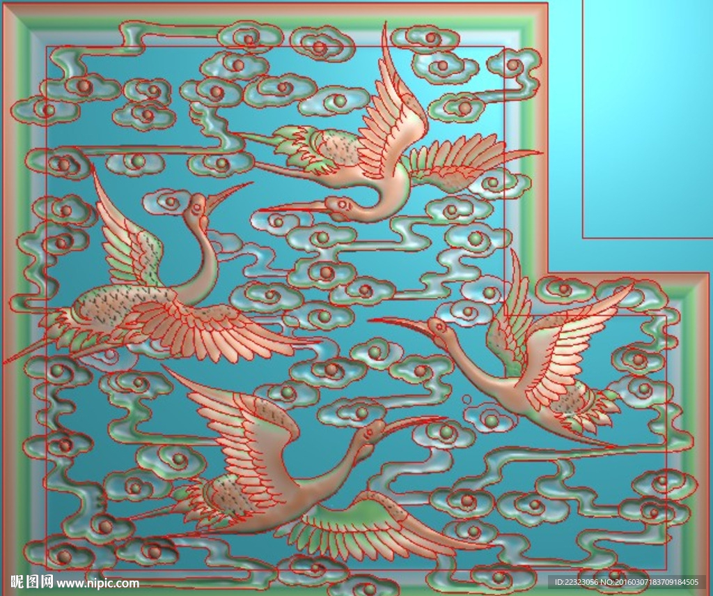 格子祥云仙鹤扶手板精雕浮雕灰度