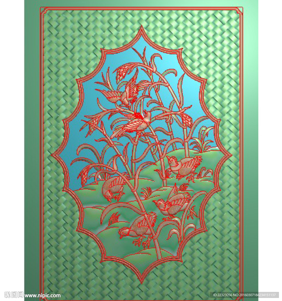 格子席纹鸡芦苇花鸟精雕浮雕灰度
