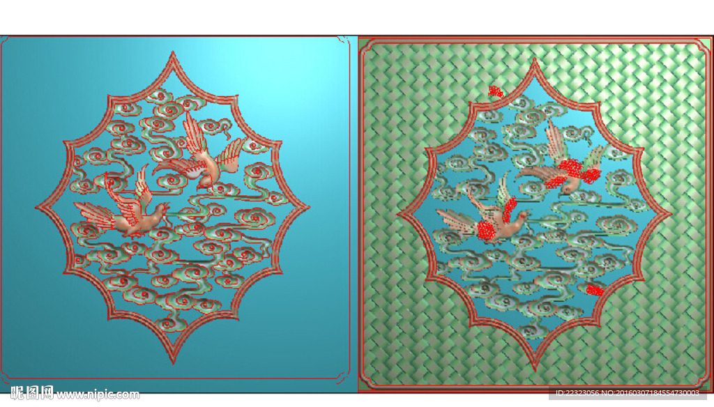 镂空祥云席纹格子花鸟精雕浮雕