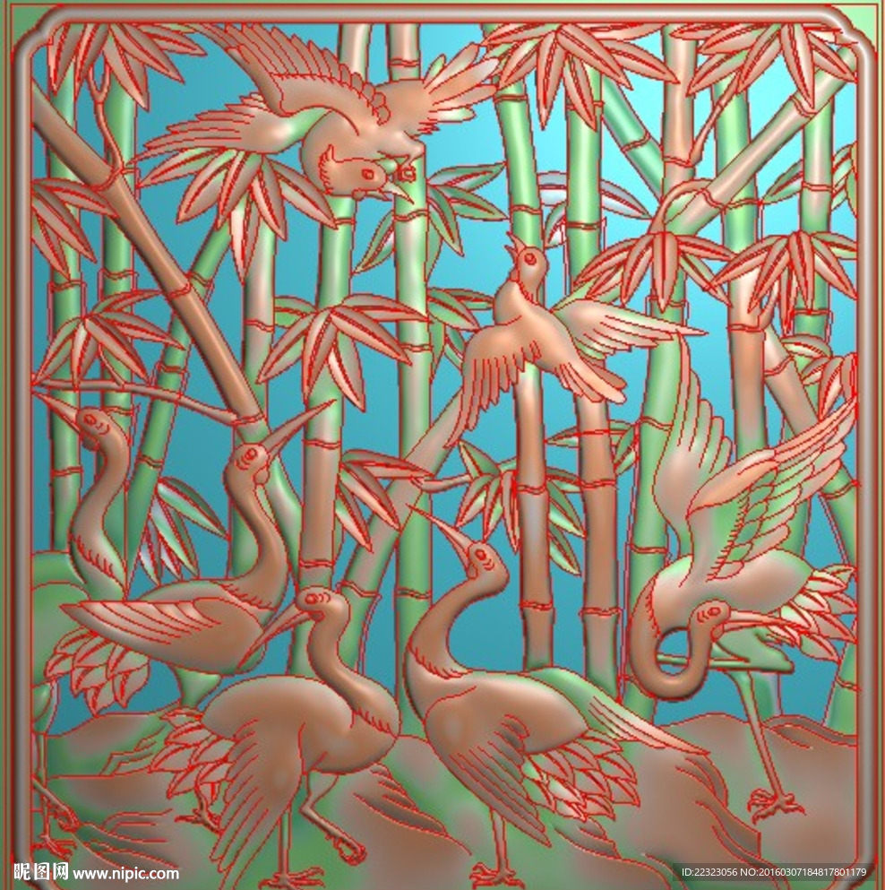 方形镂空竹鹤无鳞精雕浮雕灰度