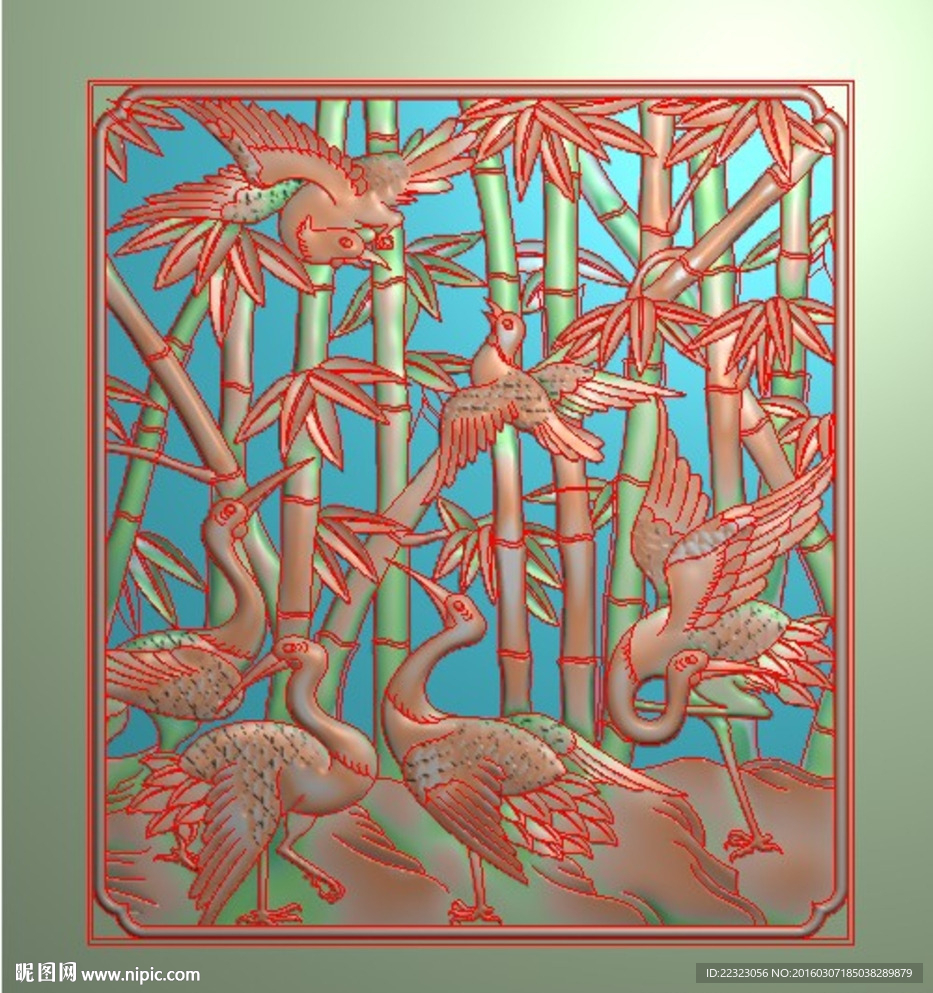 镂空方形竹鹤有鳞精雕浮雕灰度