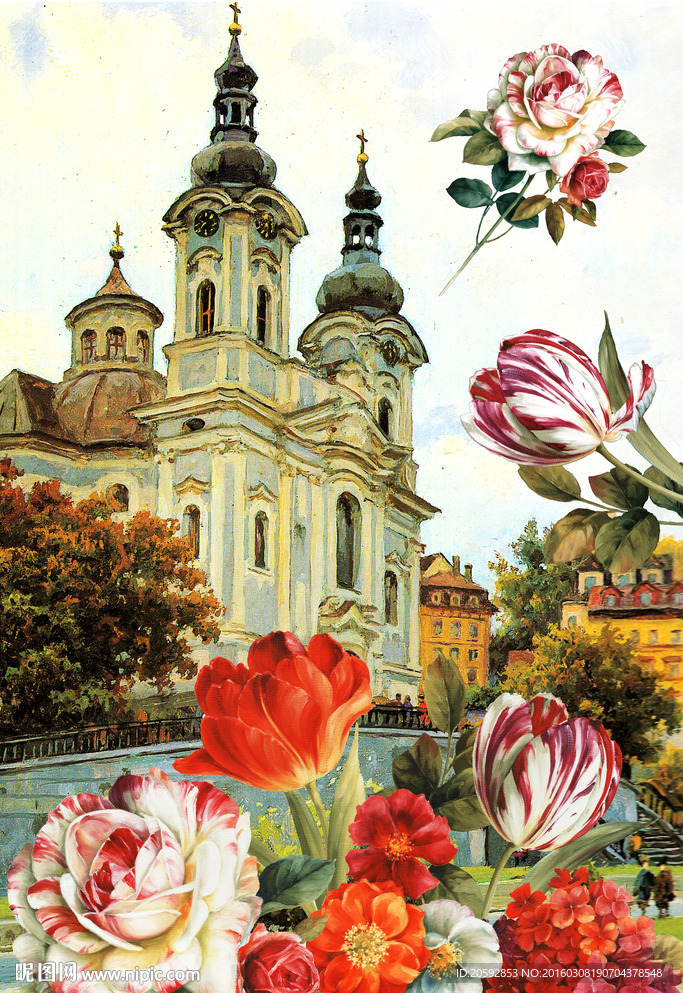 欧式油画花卉建筑服装定位图案