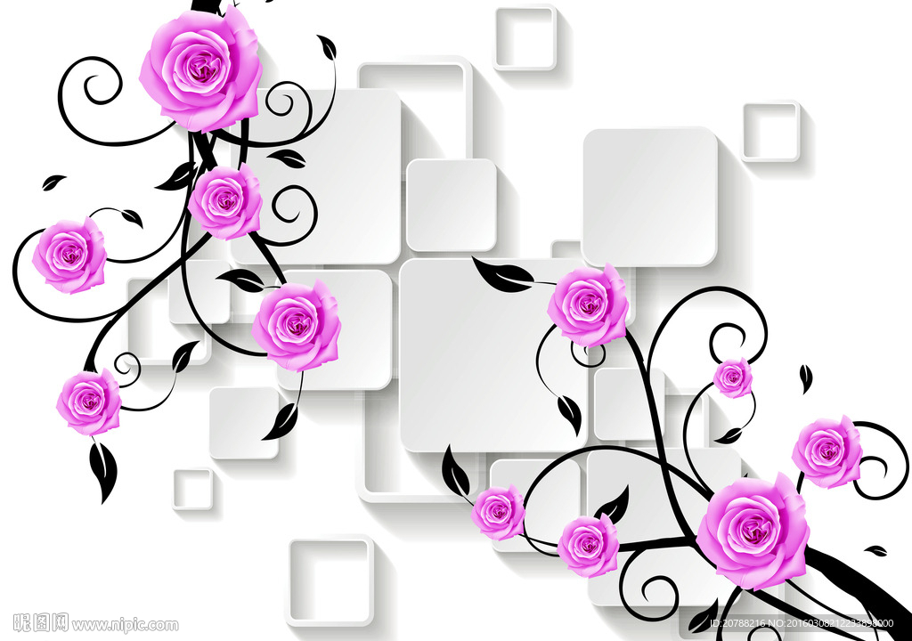 3D方框方片花藤玫瑰壁纸电视墙