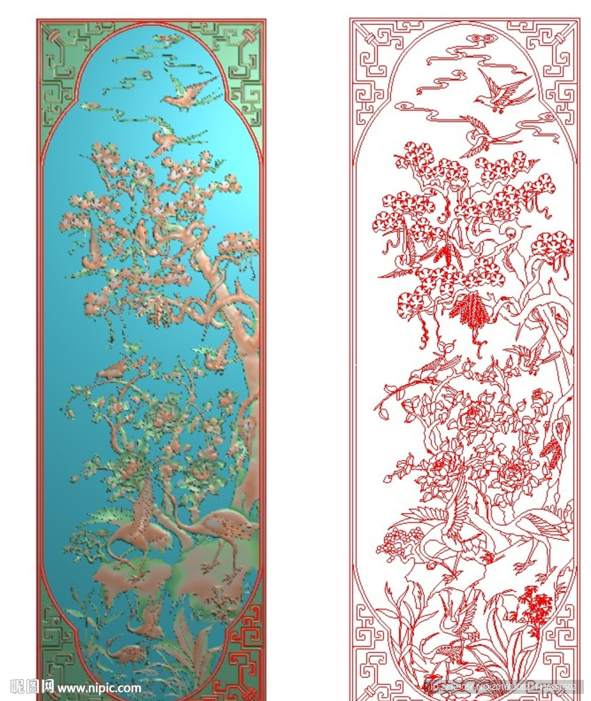 花鸟仙鹤顶箱柜门板精雕灰度浮雕