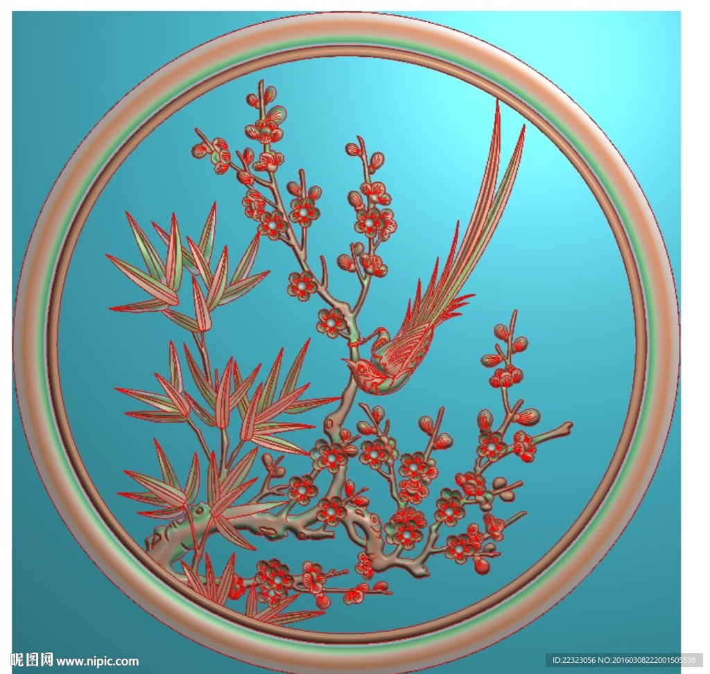 圆形四季梅花竹子鸟精雕浮雕灰度