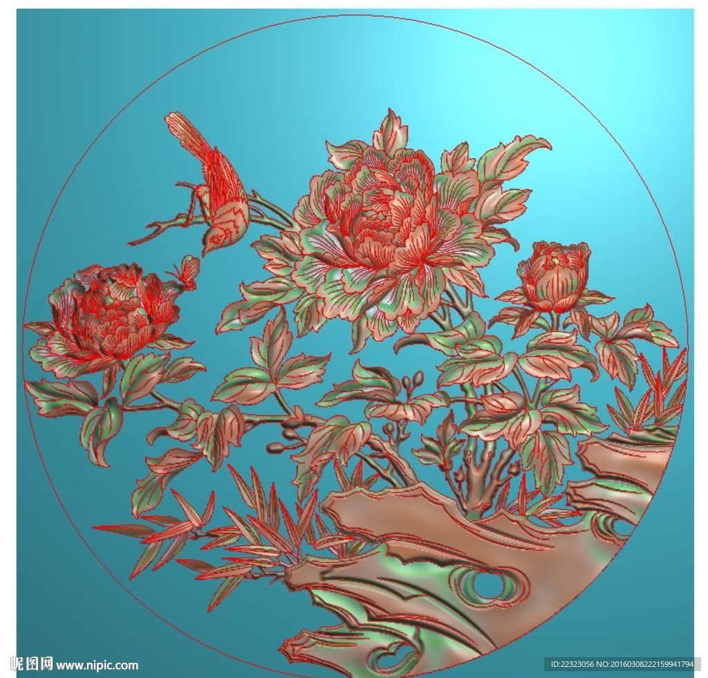 圆盘富贵花开牡丹花鸟精雕灰度