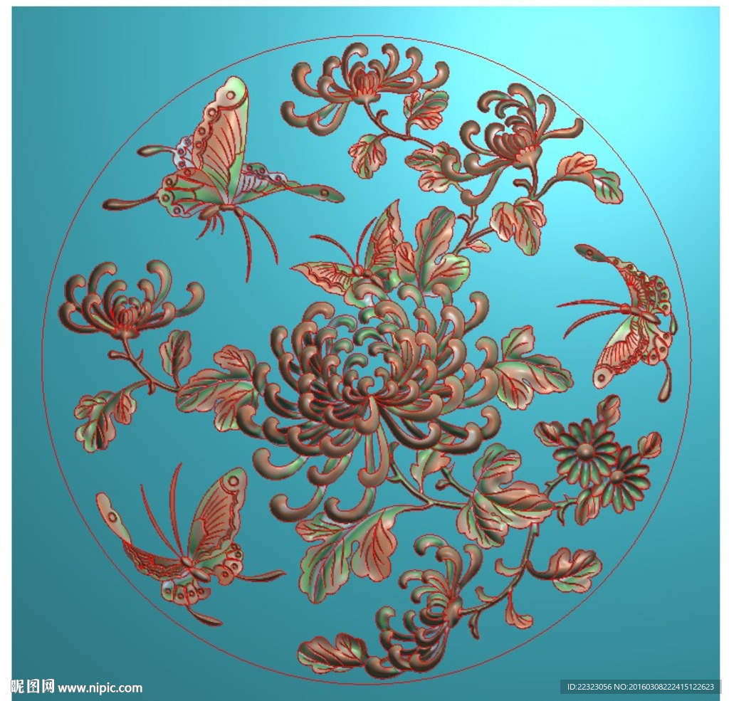 菊花鸟蝴蝶圆盘背板精雕灰度浮雕