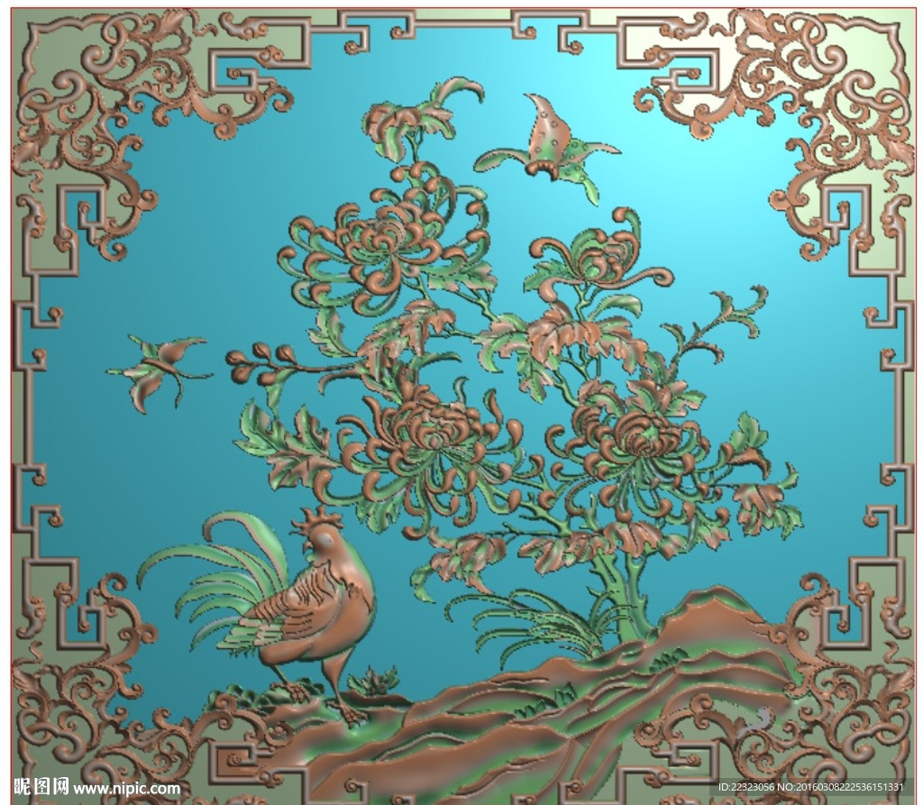 四季花鸟菊花鸟门板公鸡精雕浮雕