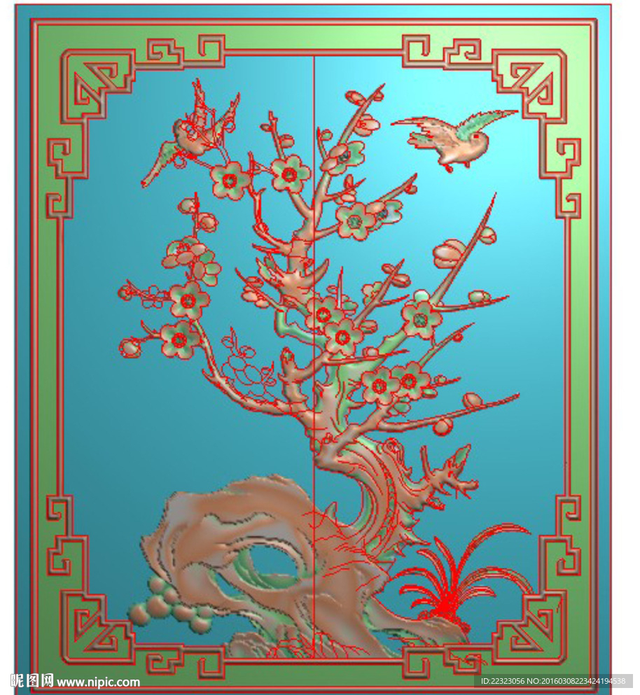 四季花鸟梅花鸟门板精雕浮雕灰度
