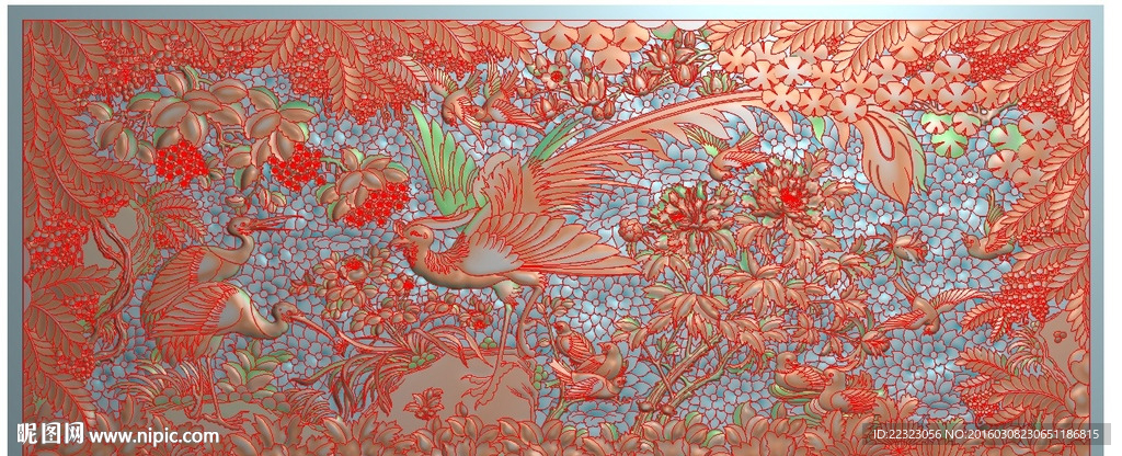 百鸟朝凤凤凰孔雀精雕浮雕灰度