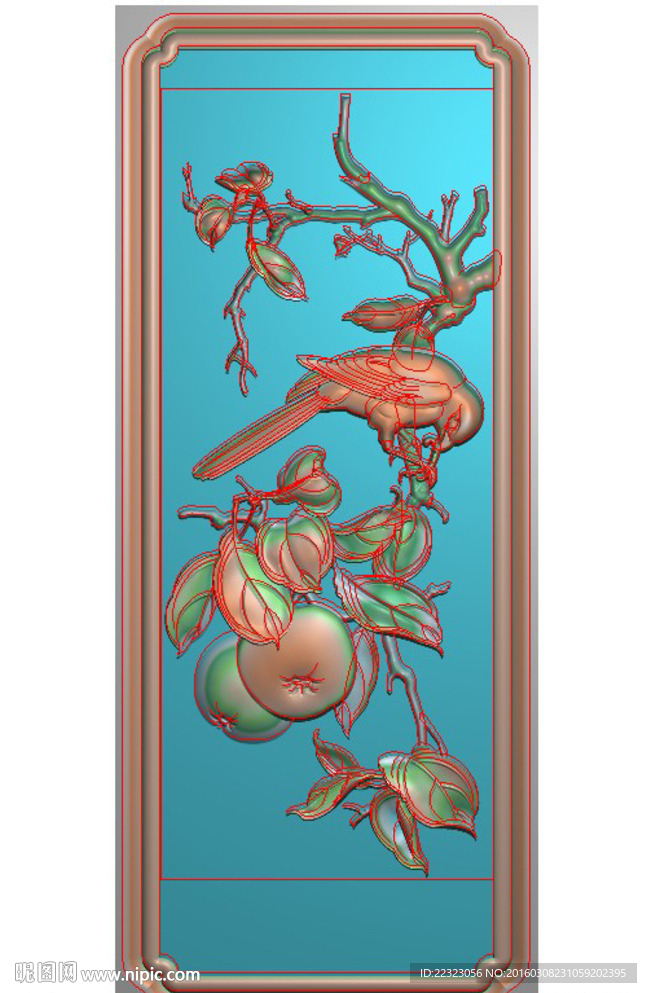 檀雕茶台背板柿子鸟精雕浮雕灰度