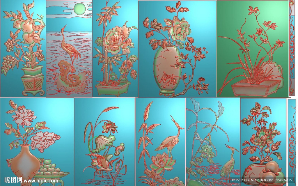 山水仙鹤荷花鸟花瓶橱柜精雕浮雕