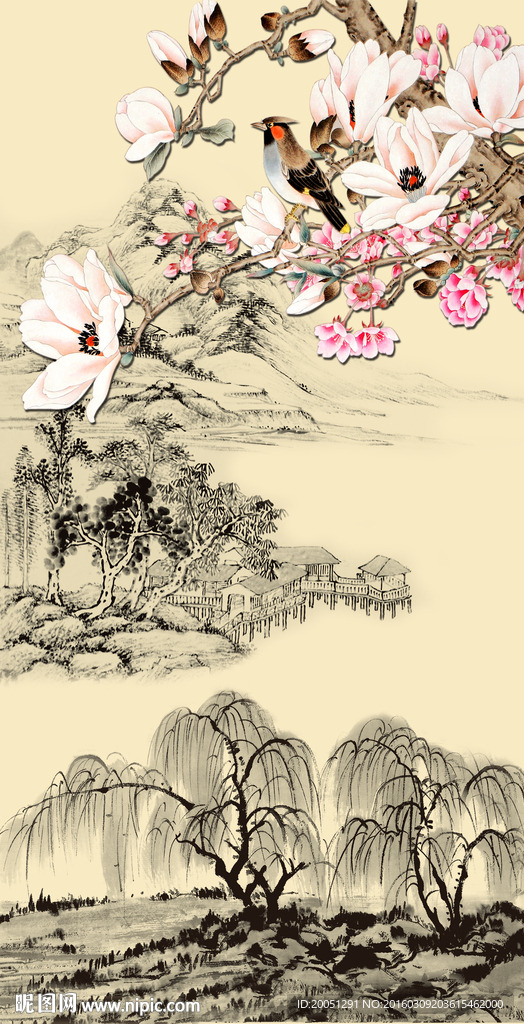 国画玄关花鸟