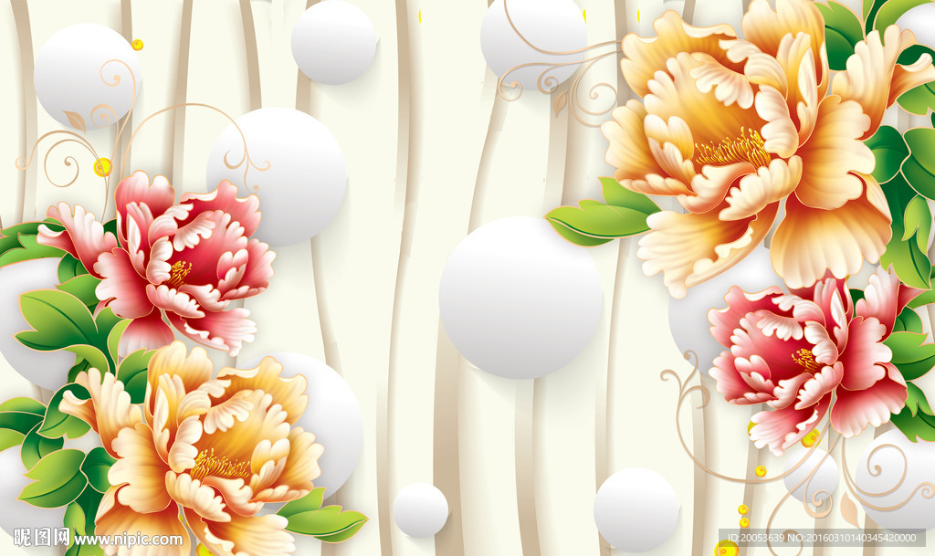 3d花边牡丹电视背景墙