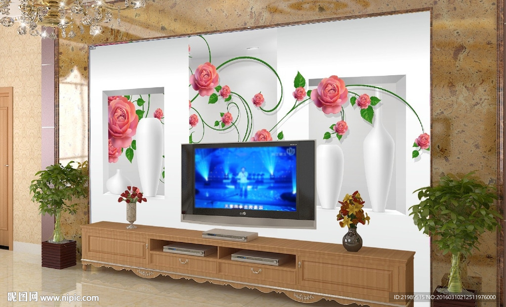 3D现代艺术玫瑰花电视背景墙