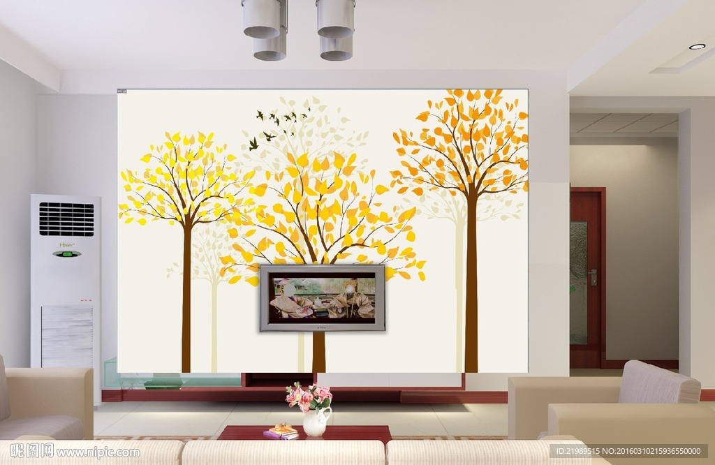 现代抽象金色树木电视背景墙