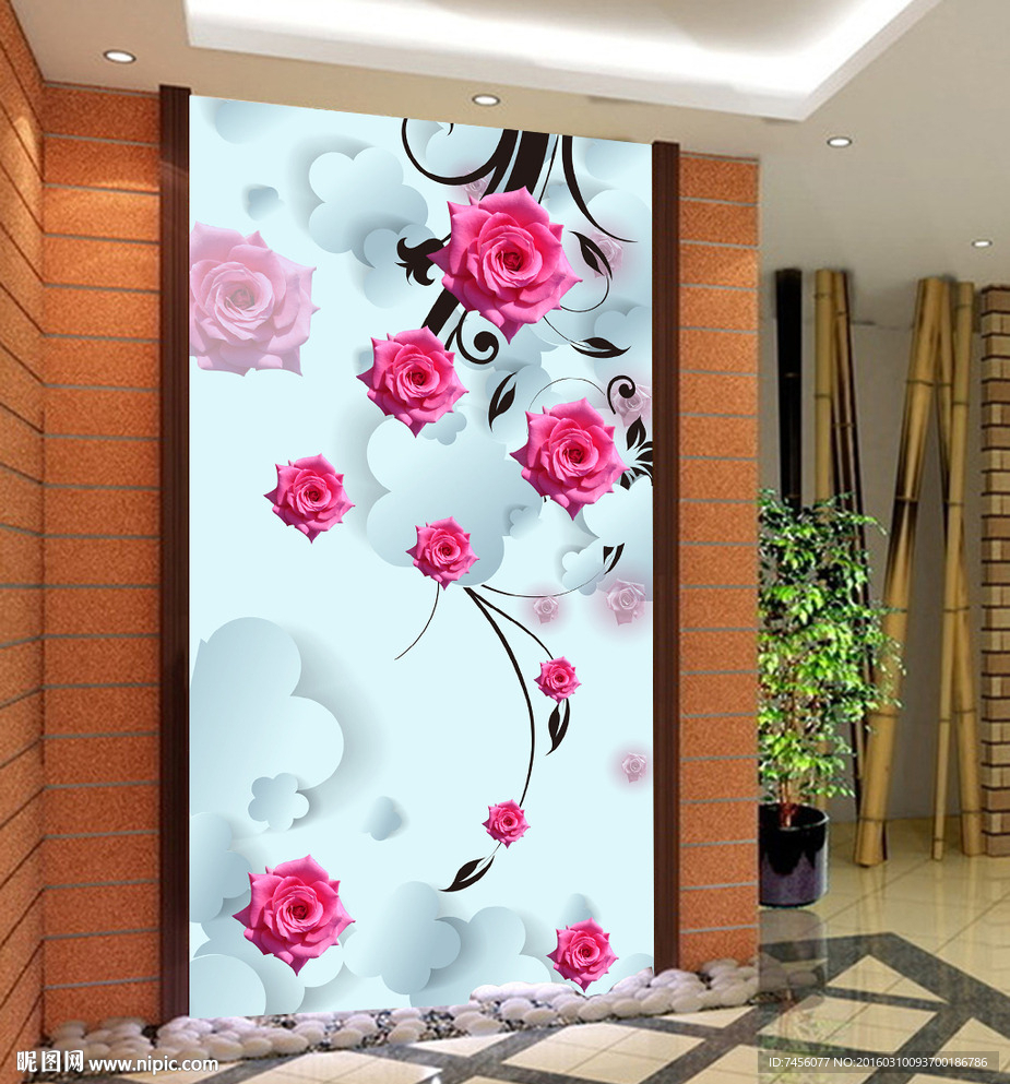 玫瑰花淡雅花藤3D玄关平面图