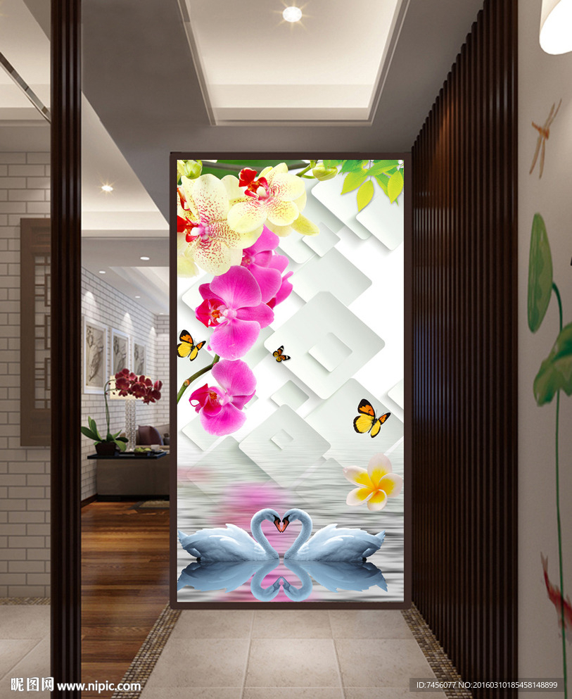 天鹅蝴蝶唯美花瓣玄关平面图