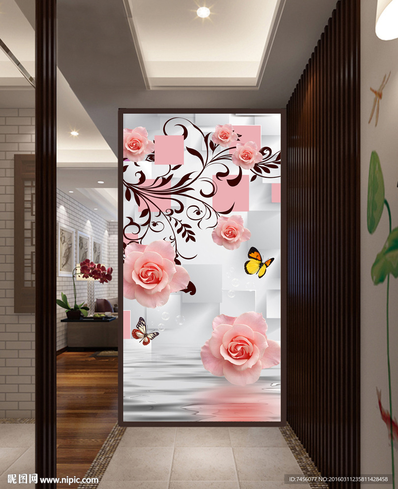 水中玫瑰花淡雅3D玄关平面图