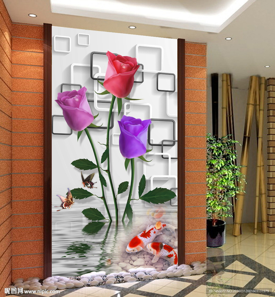 玫瑰花束游鱼3D玄关平面图