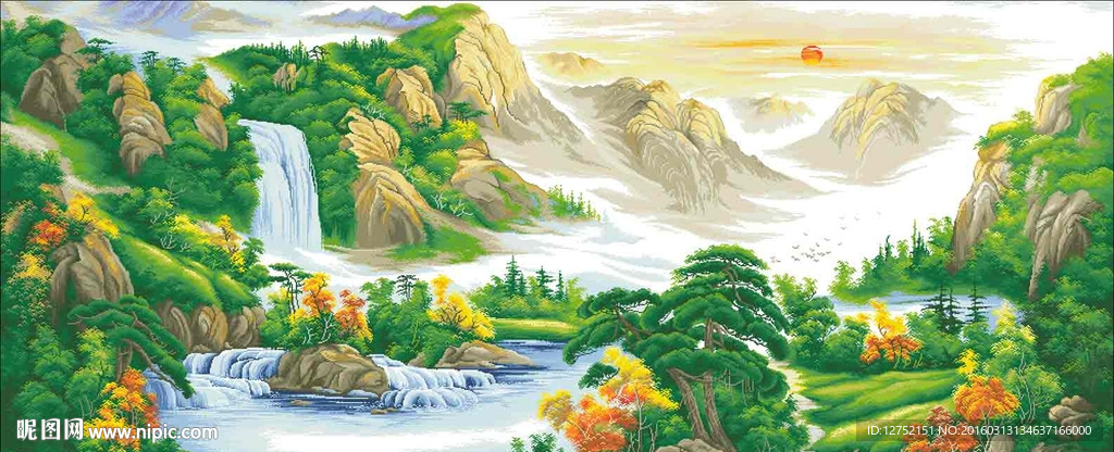 国画日照春晖江山如画