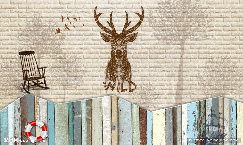 彩色木板手绘梅花鹿背景墙