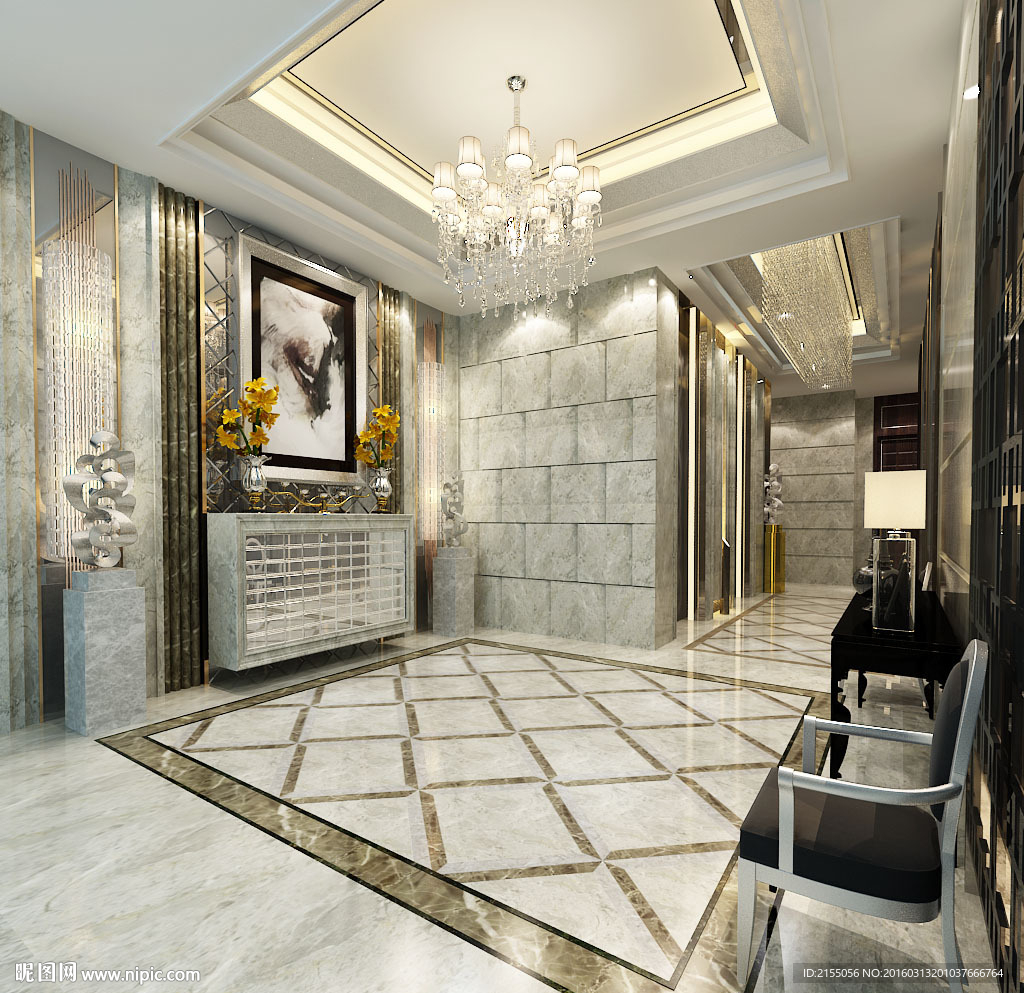 酒店电梯前室室内3d模型渲染图