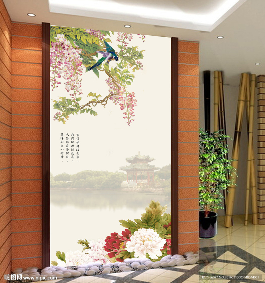 国画花鸟画玄关平面图