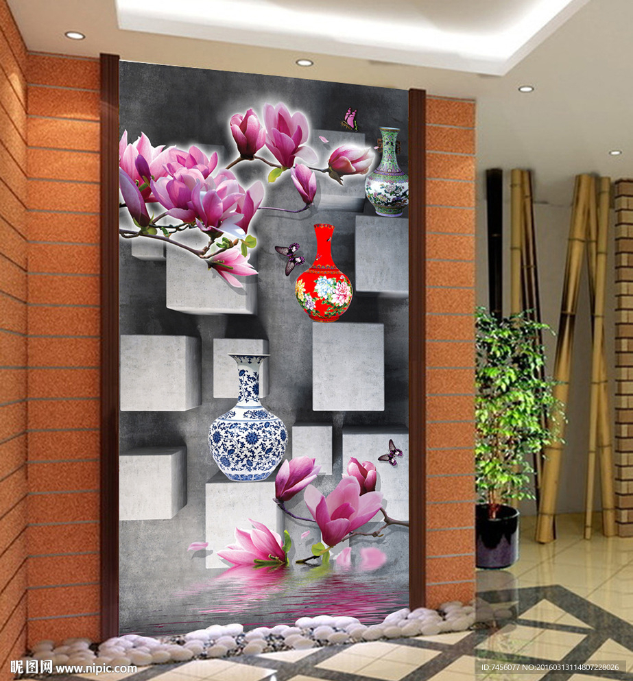 水中兰花花瓶立体玄关平面图