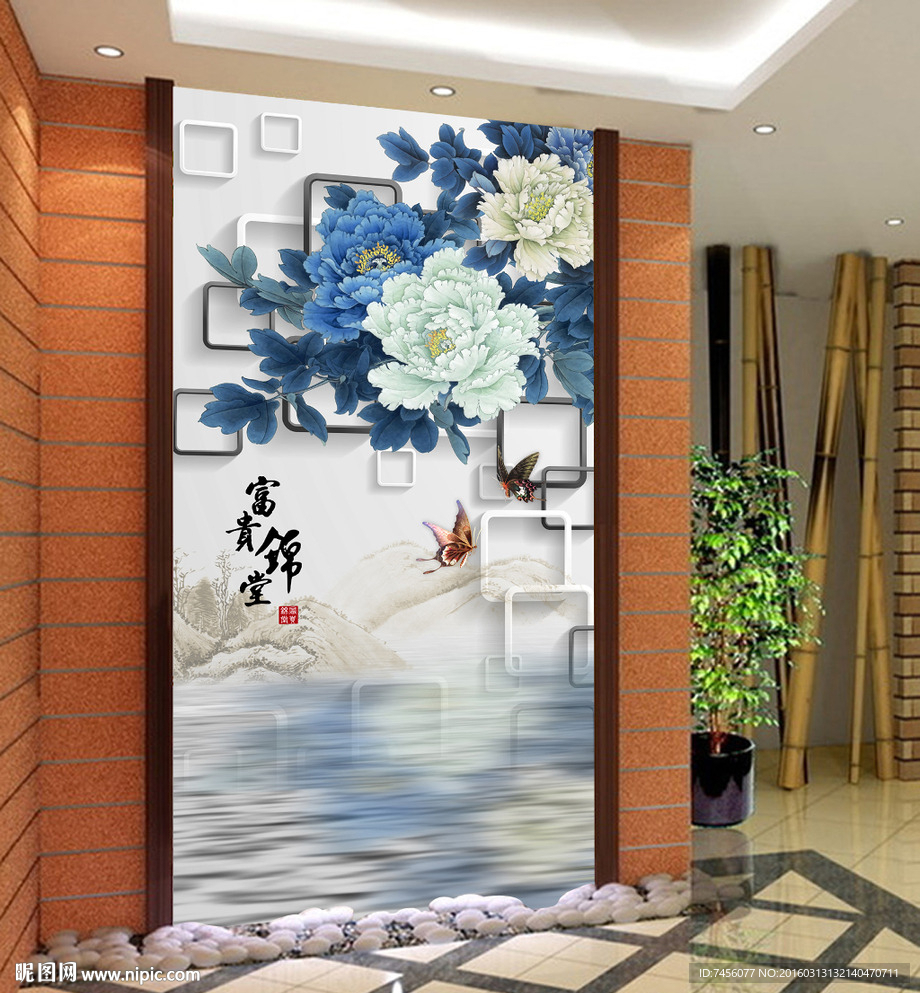 蓝色牡丹花立体玄关平面图
