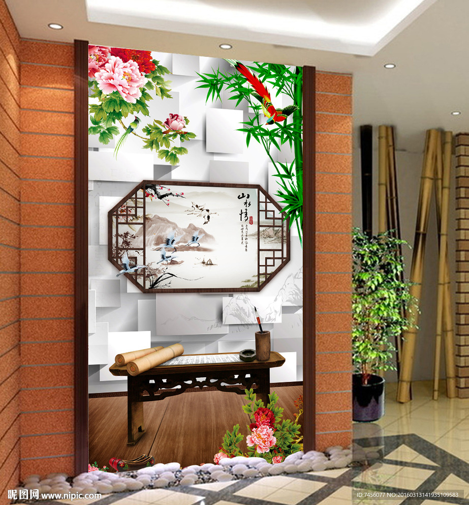 书桌中式花鸟玄关平面图