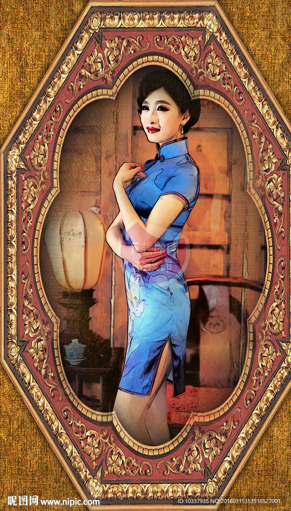 怀旧旗袍女人插画