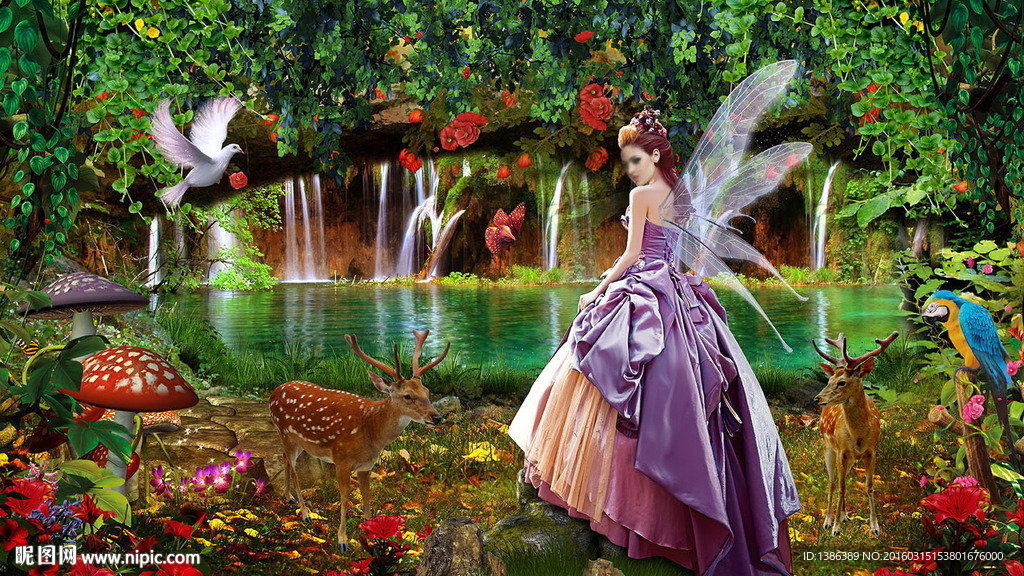 森林湖边紫精灵婚礼婚庆写真背景