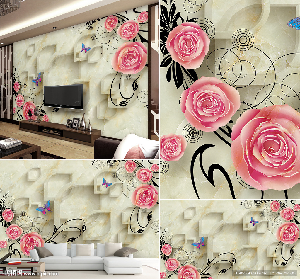 大理石电视背景墙浮雕玫瑰壁画壁