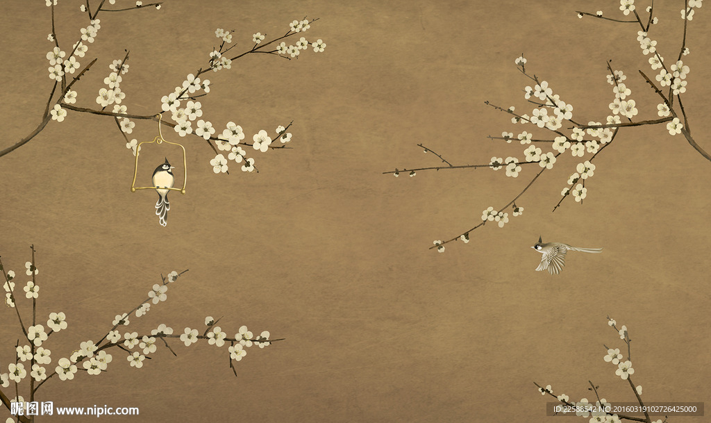 复古底纹花鸟图