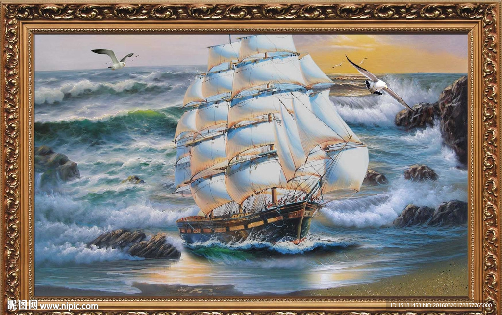 油画惊涛拍岸 一帆风顺