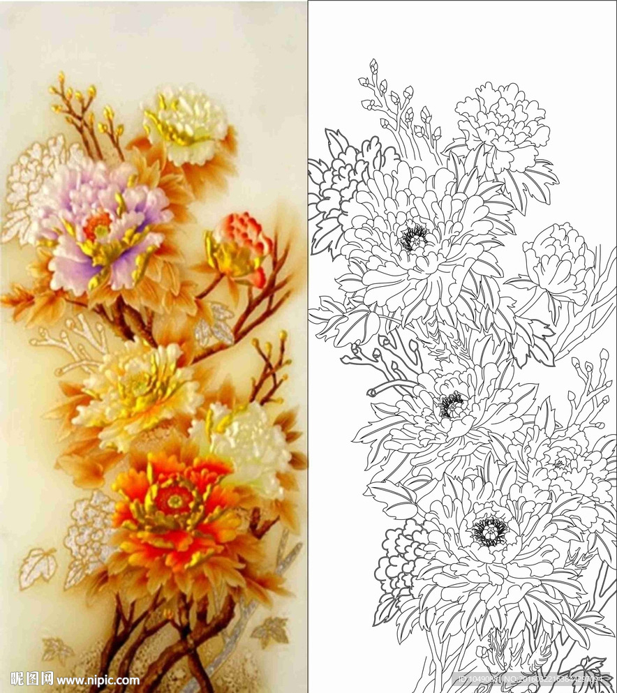艺术玻璃 隔断 背景墙 牡丹花