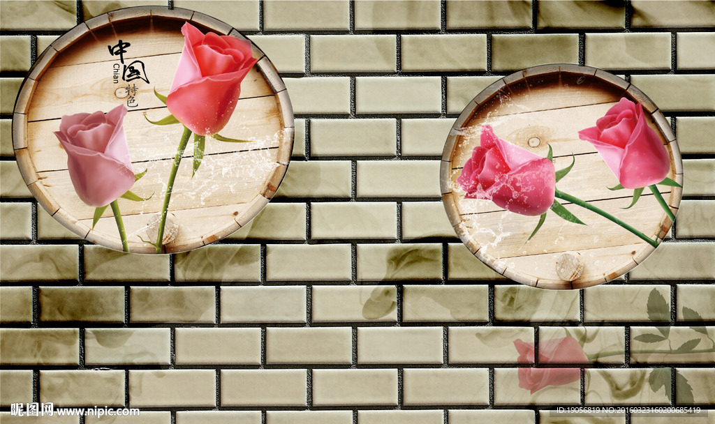 3d砖墙复古怀旧玫瑰花花朵背景
