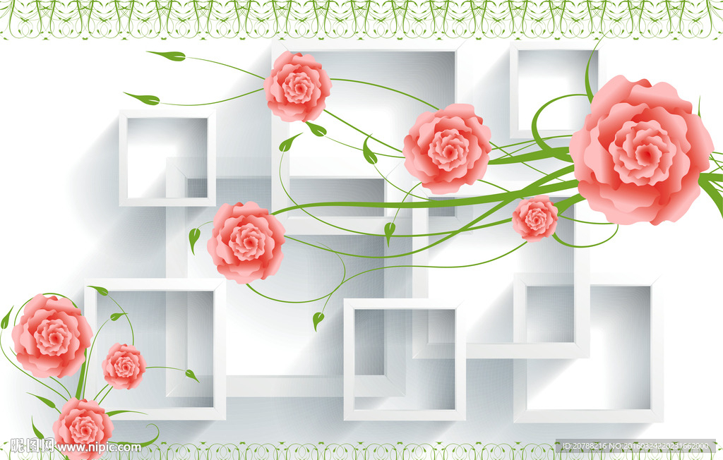 3D方框花藤玫瑰花卉花边电视墙
