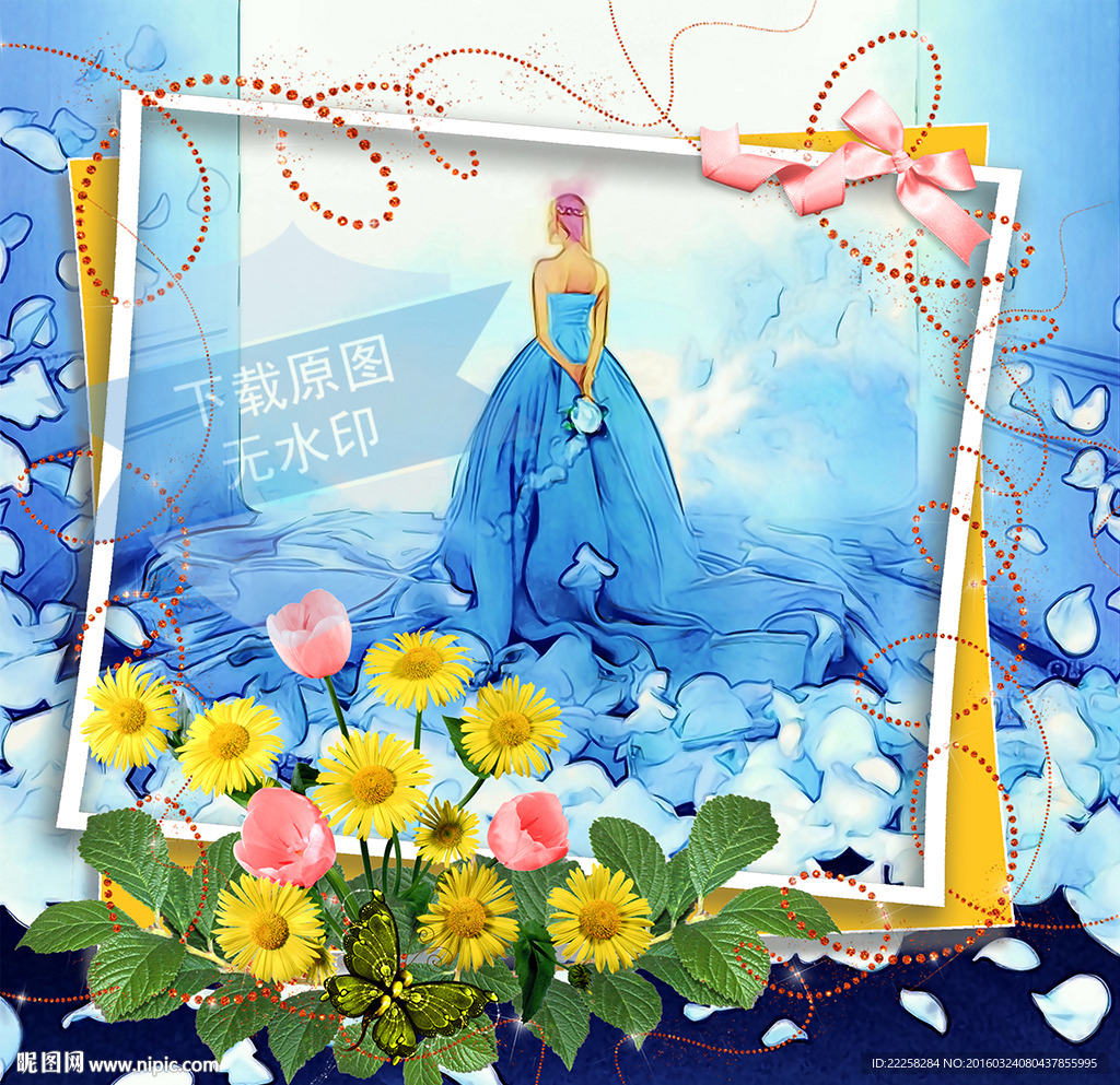 蓝色礼服少女插画分层