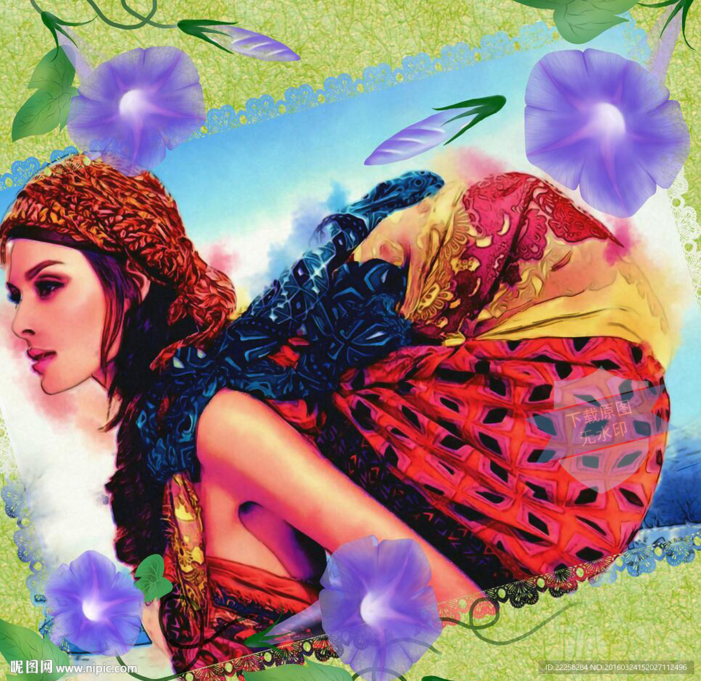 丝巾少女水彩插画分层