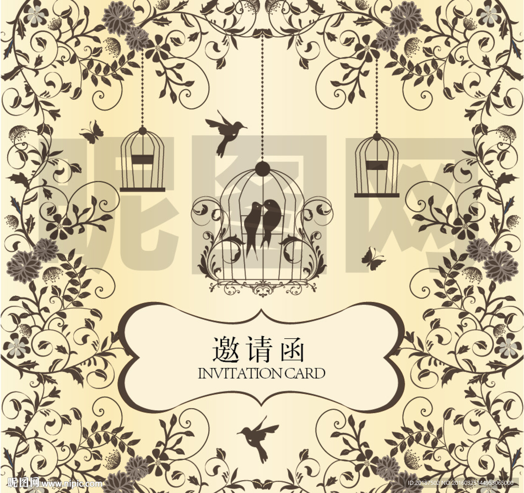 欧式花纹小鸟邀请函