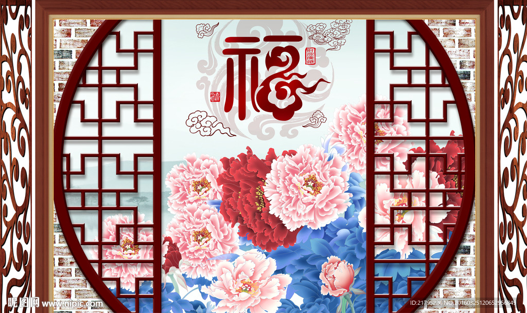 3D背景墙 百福牡丹