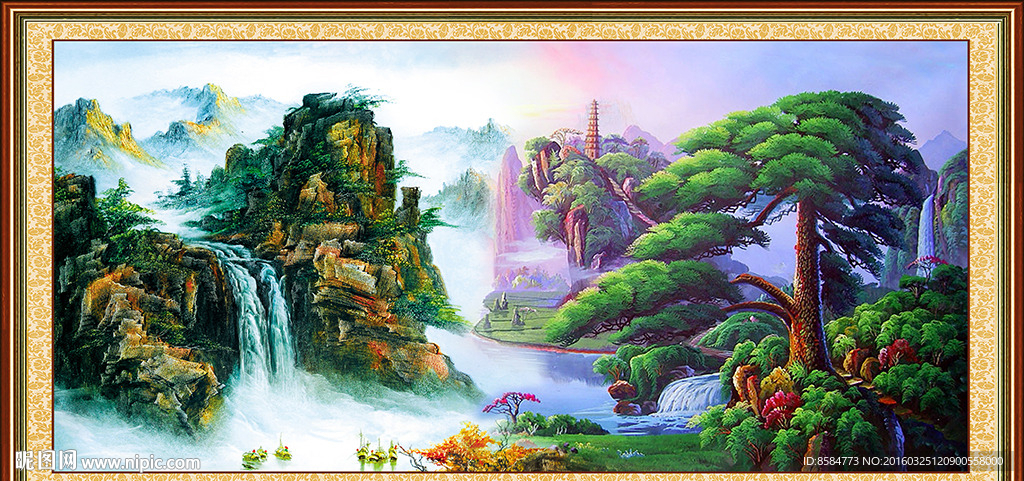 聚宝盆油画 迎客松