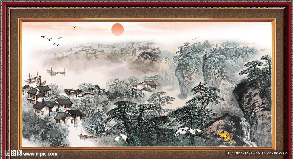 旭日东升 水墨画